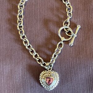 Silver Chain Heart Pendant Bracelet with Pink Stone